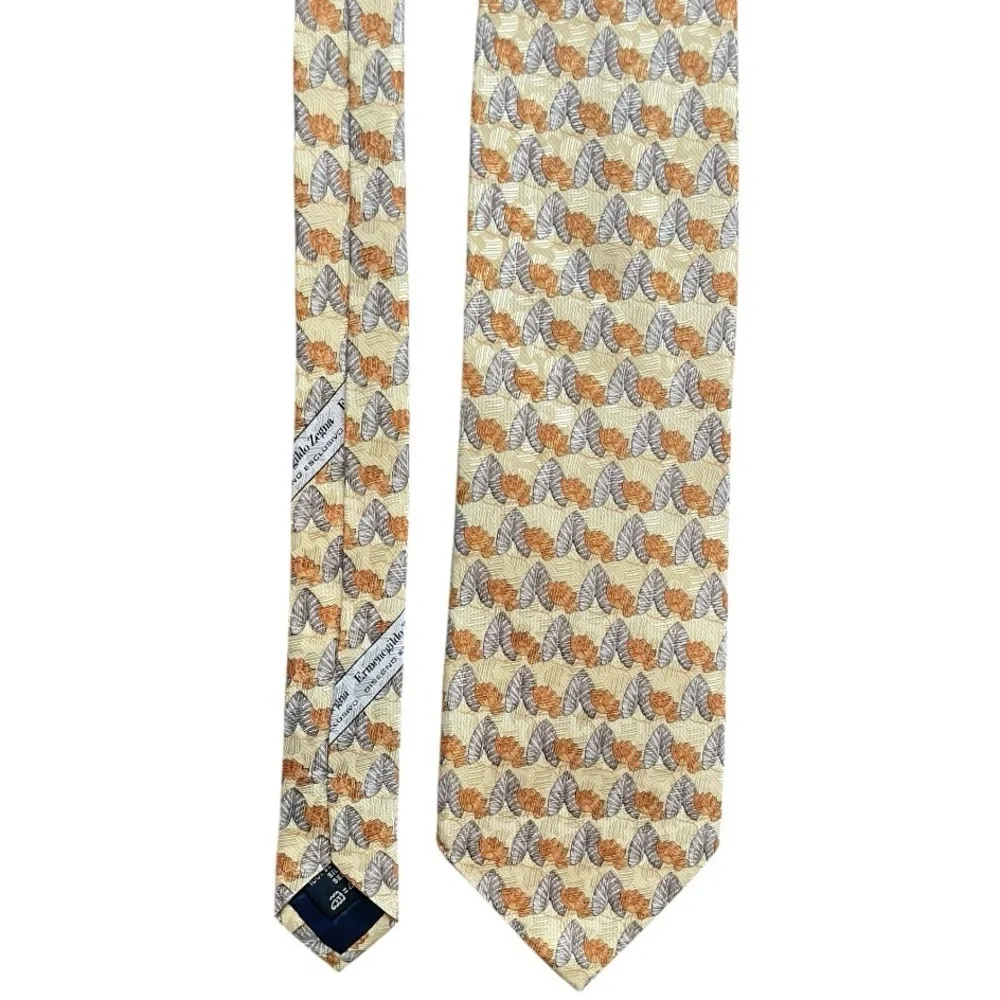 Ermenegildo Zegna mens necktie Abstract Leaf 100% Silk Made in Italy gold yellow